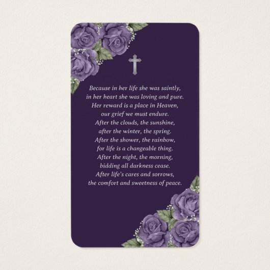 Paarse Rozen Zilveren Kruis Rouwbriefkaart Visitekaartje (Achterkant)