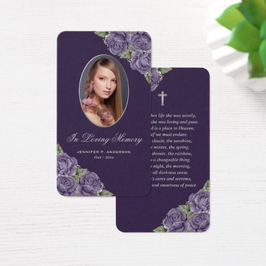 Paarse Rozen Zilveren Kruis Rouwbriefkaart Visitekaartje (Bureau)