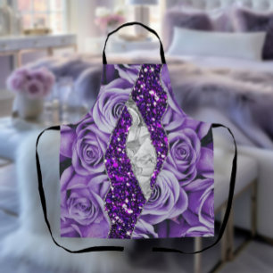 Paarse Rozen Zilveren Luxe Elegante Vloeibare Text Schort