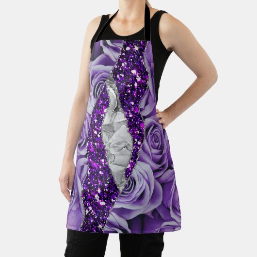 Paarse Rozen Zilveren Luxe Elegante Vloeibare Text Schort (Insitu)
