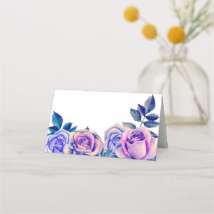 Paarse rozen zitkaart. Blauwe bruiloftsbloem Plaatskaartje