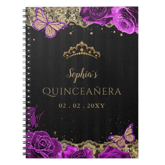 Paarse Rozen Zwart Gouden Kant Quinceañera Gastboe Notitieboek (Voorkant)