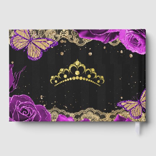 Paarse Rozen zwart gouden kanten vlinder quinceañe Gastenboek (Achterkant)
