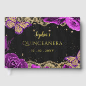 Paarse Rozen zwart gouden kanten vlinder quinceañe Gastenboek (Voorkant)
