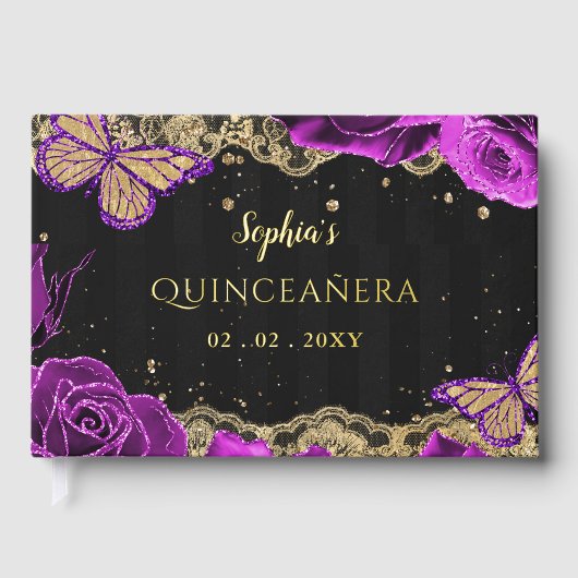 Paarse Rozen zwart gouden kanten vlinder quinceañe Gastenboek (Voorkant)