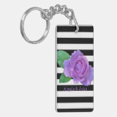 Paarse Rozen, zwart, witte strepen, speciaal geper Sleutelhanger (Voorkant Links)