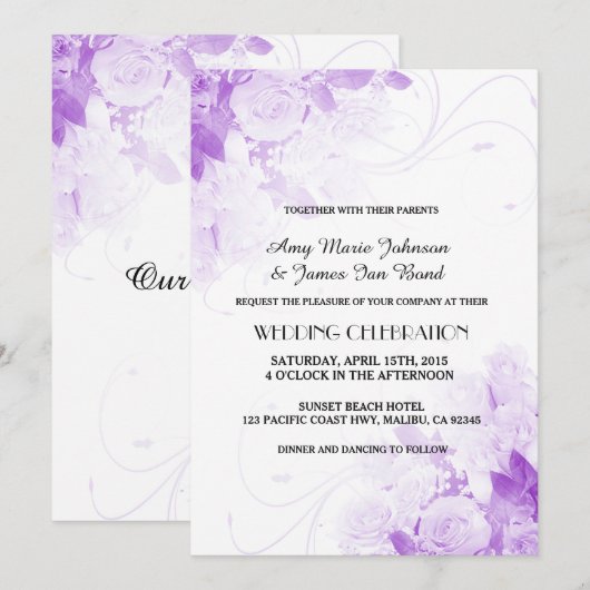 Paarse rozenbouquet - trouwuitnodigingen vr4 kaart (Voorkant / Achterkant)