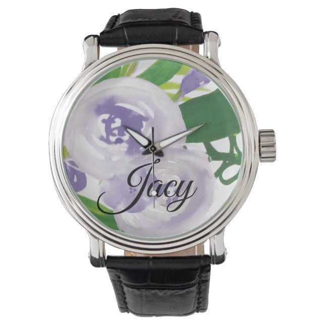 Paarse Rozenknoppen Script Naam Moederdag Horloge (Voorkant)