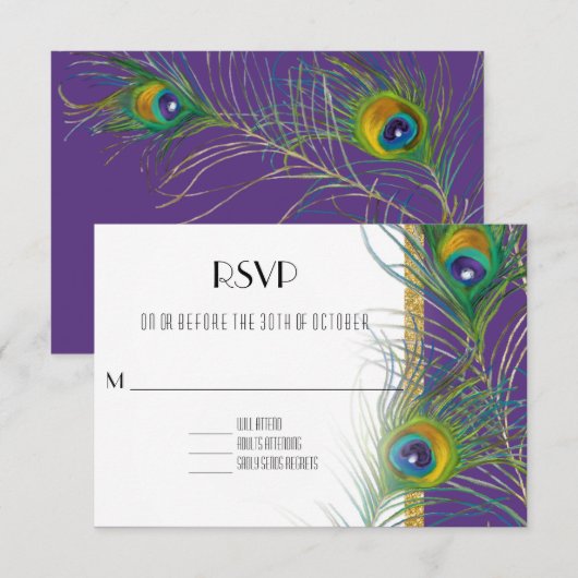 Paarse RSVP Response Kaart Peacock Feathers Gold (Voorkant / Achterkant)