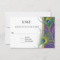 Paarse RSVP Response Kaart Peacock Feathers Gold
