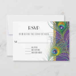 Paarse RSVP Response Kaart Peacock Feathers Gold