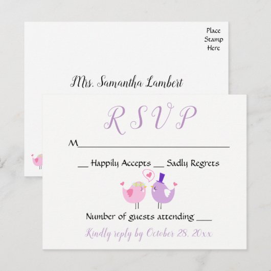 Paarse RSVP Wedding Lovebird Roze Lavendel Wedding Uitnodiging Briefkaart (Voorkant / Achterkant)