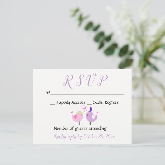 Paarse RSVP Wedding Lovebird Roze Lavendel Wedding Uitnodiging Briefkaart (Staand voorkant)