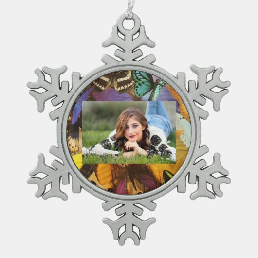 paarse rubberen oranje vlinder met kleurrijke trop tin sneeuwvlok ornament (Voorkant)