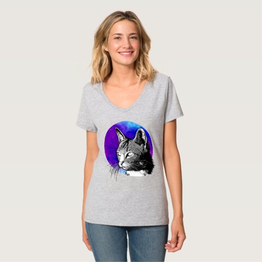 Paarse ruimte-nebula Cat-portret T-shirt (Voorkant volledig)