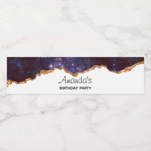 Paarse Ruimte & Sterren met Gouden Lint Verjaardag Waterfles Etiket (Enkel label)