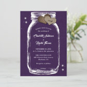 Paarse Rustic Burlap Hearts Mason Jar Wedding Kaart (Staand voorkant)