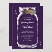 Paarse Rustic Burlap Hearts Mason Jar Wedding Kaart (Voorkant / Achterkant)