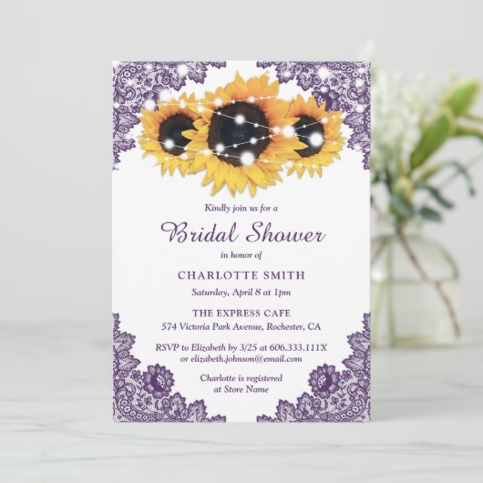 Paarse Rustic Chic Lace Sunflower Bridal Kaart (Staand voorkant)