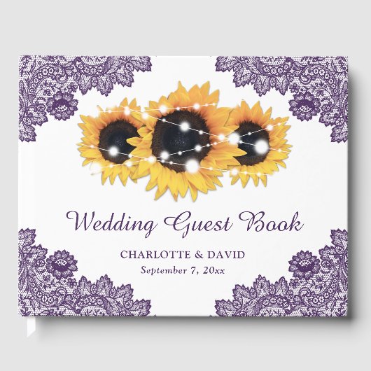 Paarse Rustic Chic Lace Sunflower Wedding Gastenboek (Voorkant)