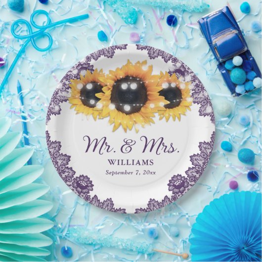 Paarse Rustic Chic Lace Sunflower Wedding Papieren Bordje (Feest)
