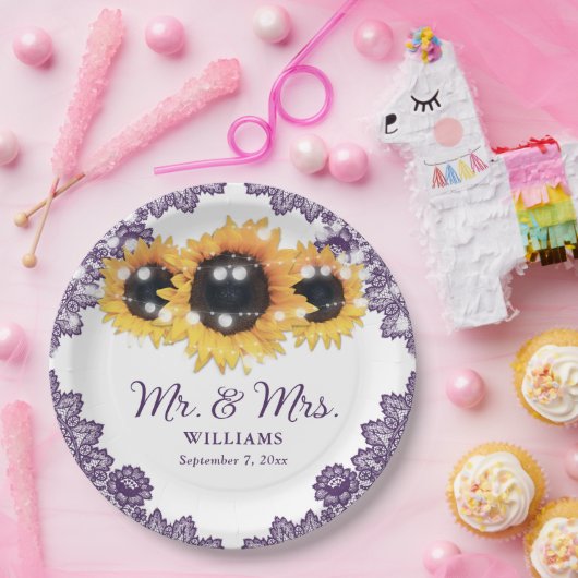 Paarse Rustic Chic Lace Sunflower Wedding Papieren Bordje (Feest)