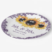 Paarse Rustic Chic Lace Sunflower Wedding Papieren Bordje (Gekanteld)
