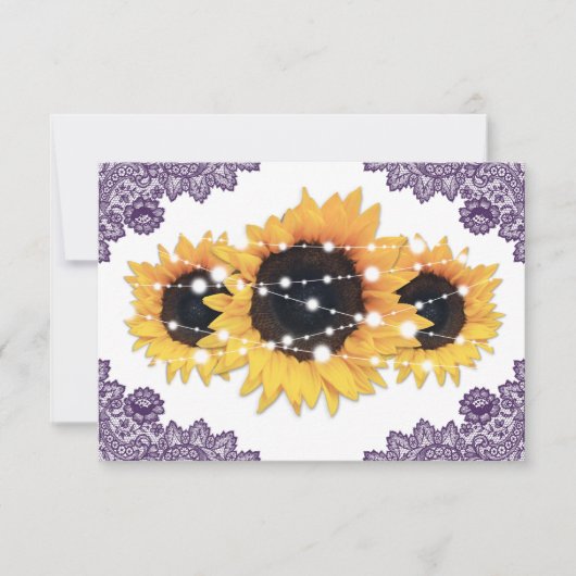 Paarse Rustic Chic Lace Sunflower Wedding RSVP Kaartje (Voorkant)