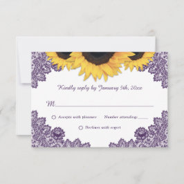 Paarse Rustic Chic Lace Sunflower Wedding RSVP Kaartje