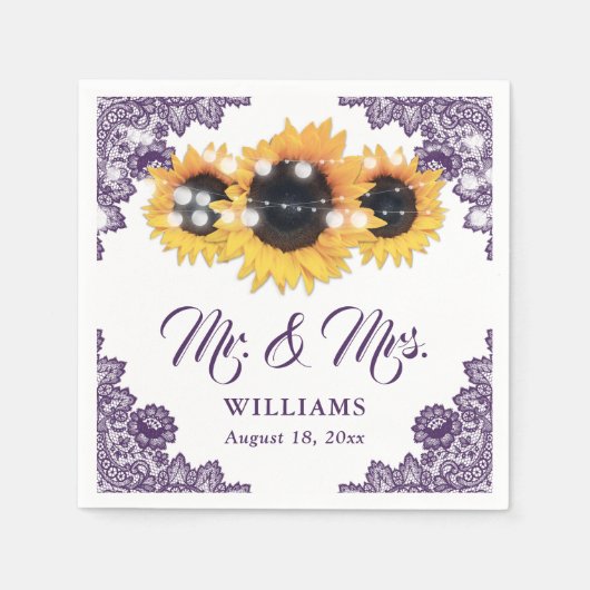 Paarse Rustic Chic Lace Sunflower Wedding Servet (Voorkant)