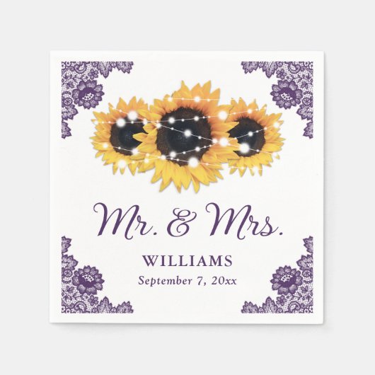 Paarse Rustic Chic Lace Sunflower Wedding Servet (Voorkant)