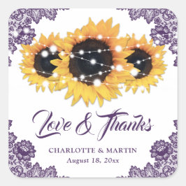 Paarse Rustic Chic Sunflower Weddenschap Bedankt Vierkante Sticker