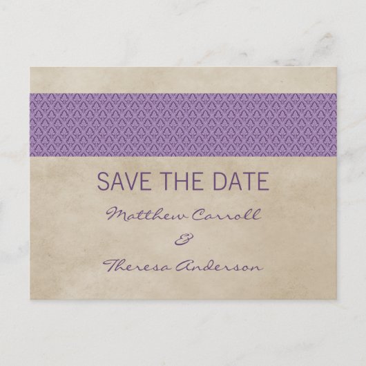 Paarse Rustic Damask sparen het Briefkaart van de (Voorkant)