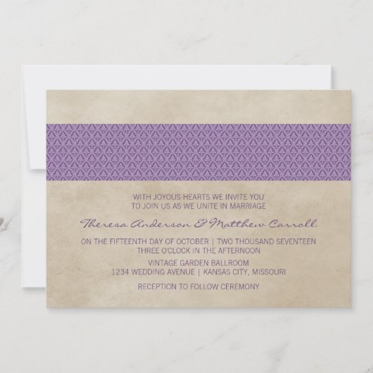 Paarse Rustic Damask Wedding Invite Kaart (Voorkant)