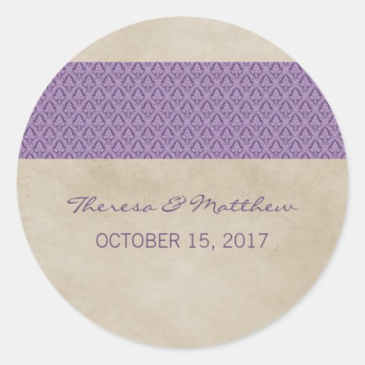 Paarse Rustic Damask Wedding Stickers (Voorkant)