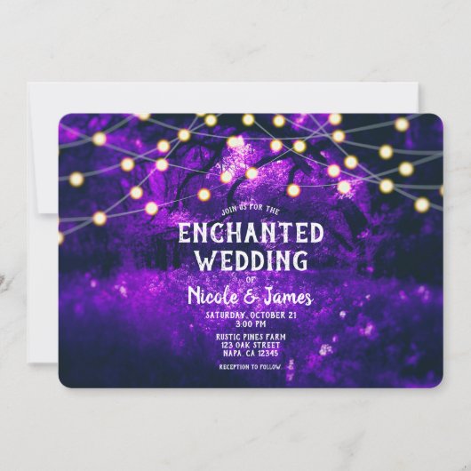 Paarse Rustic Enchanted Forest Lights Wedding Kaart (Voorkant)