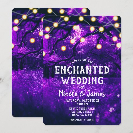 Paarse Rustic Enchanted Forest Lights Wedding Kaart (Voorkant / Achterkant)