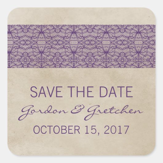 Paarse Rustic Lace sparen de Stickers van de Datum (Voorkant)