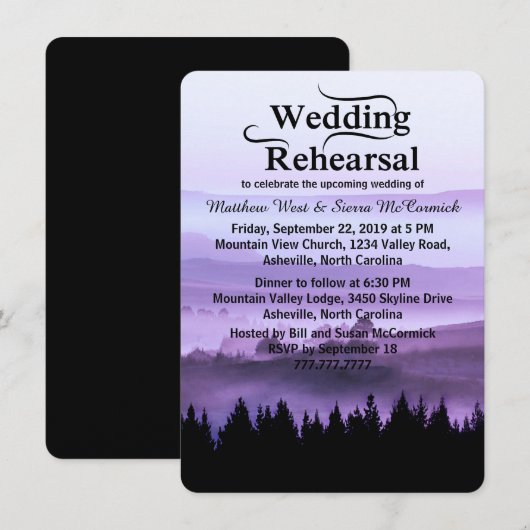 Paarse Rustic Mountain Wedding Rehearsal Dinner Kaart (Voorkant / Achterkant)