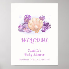 Paarse Rustic Pearl Seashell Baby shower Welkom Poster