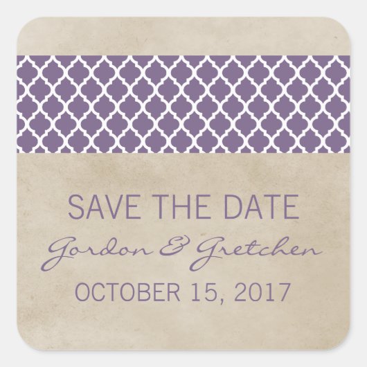 Paarse Rustic Quatrefoil Save the Date Stickers (Voorkant)