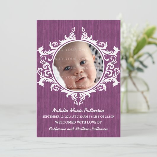 Paarse Rustic Swirls Baby Aankondiging (Staand voorkant)