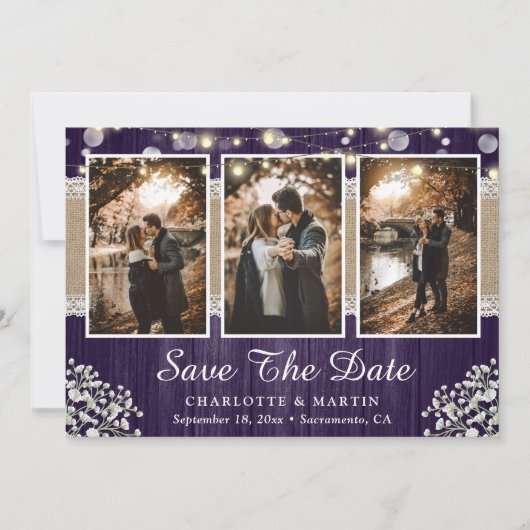 Paarse Rustic Wood Baby's Breath Wedding Foto Save The Date (Voorkant)