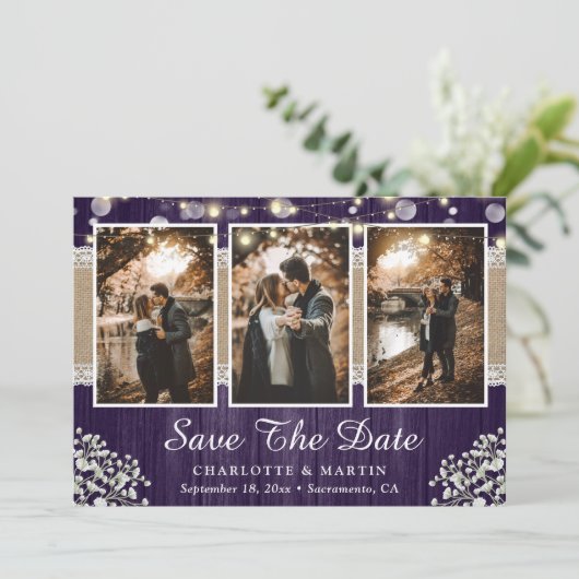 Paarse Rustic Wood Baby's Breath Wedding Foto Save The Date (Staand voorkant)