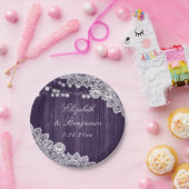 Paarse Rustic Wood Lace String Lights Wedding Papieren Bordje (Feest)