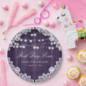 Paarse Rustic Wood Lace String Lights Wedding Papieren Bordje (Feest)