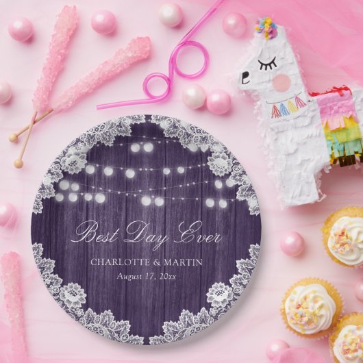 Paarse Rustic Wood Lace String Lights Wedding Papieren Bordje (Feest)