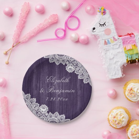 Paarse Rustic Wood Lace String Lights Wedding Papieren Bordje (Feest)