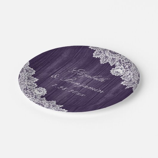 Paarse Rustic Wood Lace String Lights Wedding Papieren Bordje (Gekanteld)