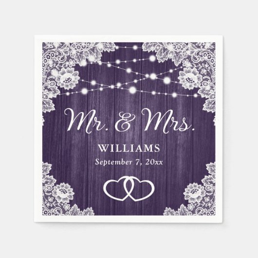Paarse Rustic Wood Lace String Lights Wedding Servet (Voorkant)